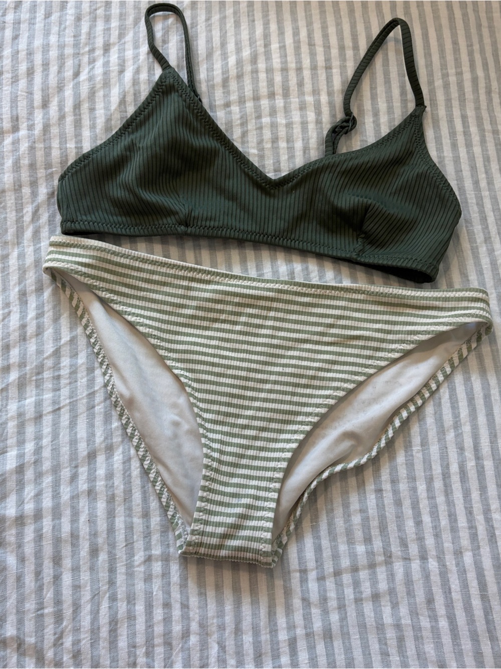 Olive Ribbed Bralette Bikini Top with Sage Striped Bottom - Women's Swim Set
